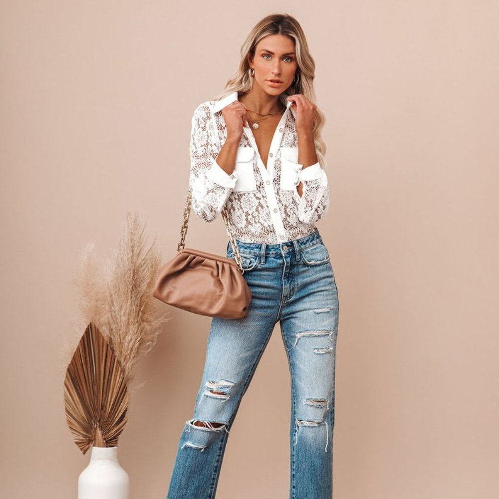 White Floral Pattern Lace Long Sleeve Shirt